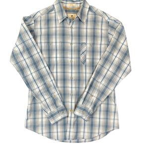 Life Khaki Blue Gray Plaid Button Front Slim Fit Shirt Chest Pockets Size Medium